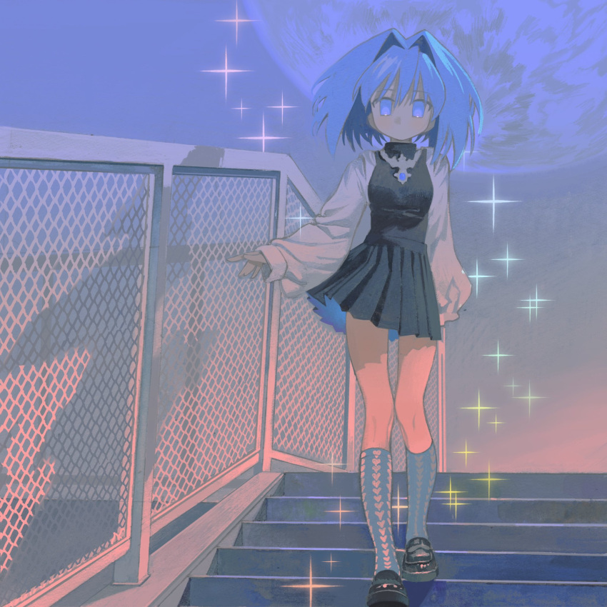 1girl black_footwear black_jacket black_skirt blue_eyes blue_gemstone blue_hair collar gem hair_intakes heart highres jacket kneehighs long_sleeves medium_hair moon no_mouth on_stairs original pleated_skirt seasideiiii shadow shoes skirt socks stairs star_(symbol) walking white_sleeves white_socks