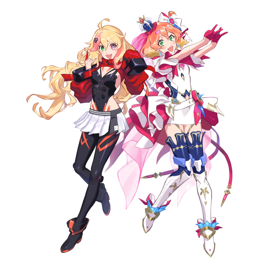 2girls absurdres black_leotard black_pantyhose blonde_hair blue_thighhighs boots bow colored_sclera colored_tips crown double_v dress floating_hair freyja_wion gloves hair_bow hair_ornament head_tilt heart heart_hair_ornament heterochromia highres knee_boots leotard long_hair looking_at_viewer macross macross_delta macross_delta:_zettai_live!!!!!! mini_crown miniskirt mosako multicolored_hair multiple_girls orange_hair pantyhose pink_gloves pointing pointing_up purple_eyes red_hair red_sclera short_hair skirt sleeves_past_fingers sleeves_past_wrists smile streaked_hair thighhighs v very_long_hair white_background white_bow white_dress white_footwear white_skirt yami_freyja