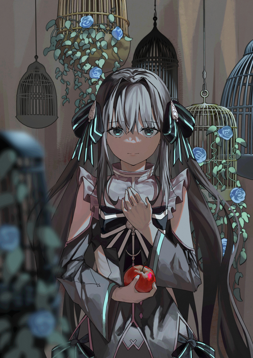 1girl absurdres apple arcaea birdcage blue_flower blue_rose bow bruce_1354 cage detached_sleeves flower food fruit grey_hair hair_bow hand_on_own_chest highres holding holding_food holding_fruit rose solo tairitsu_(arcaea) wide_sleeves