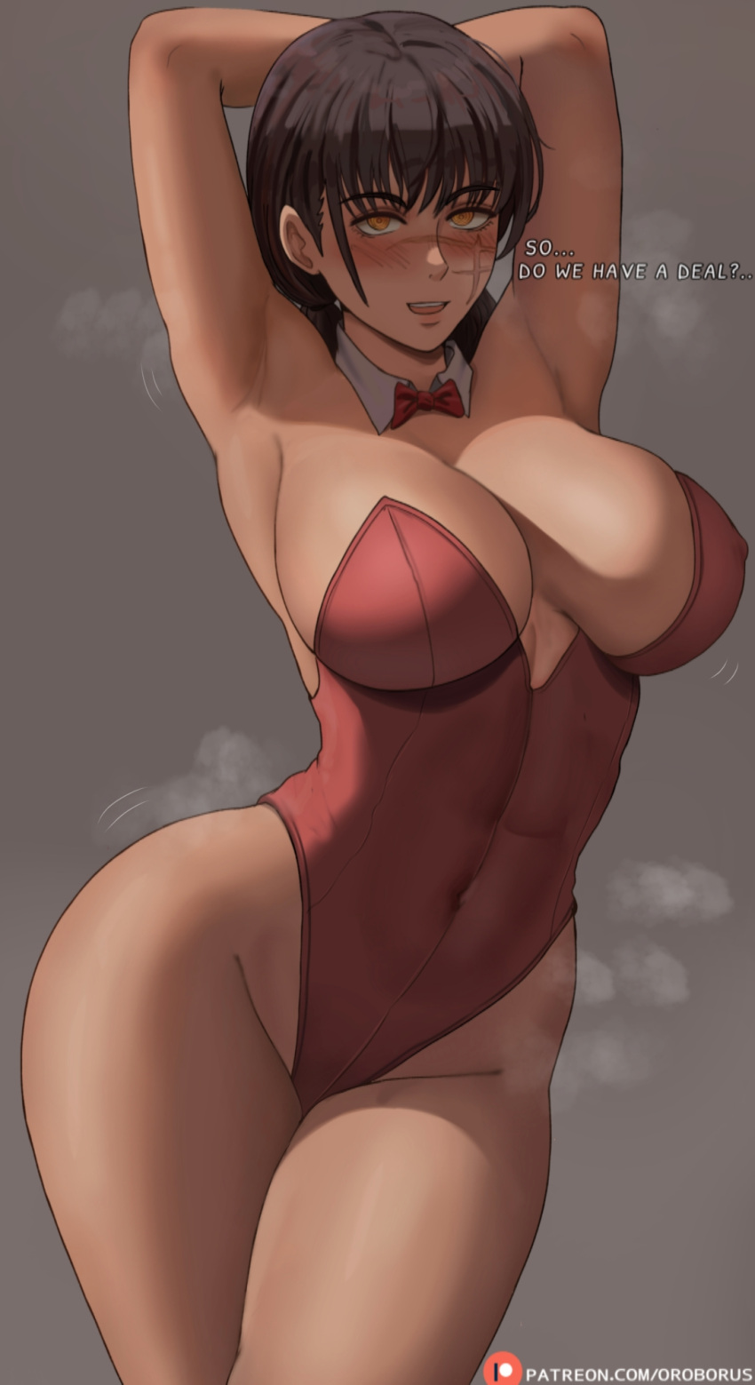 1girl armpits arms_up black_hair blush bow bowtie breasts chainsaw_man cleavage collar cowboy_shot detached_collar english_commentary english_text grey_background highres large_breasts leotard long_hair looking_at_viewer open_mouth orange_eyes oroborus playboy_bunny red_bow red_bowtie red_leotard scar scar_on_cheek scar_on_face sidelocks simple_background solo steaming_body strapless strapless_leotard war_devil_(chainsaw_man) white_collar