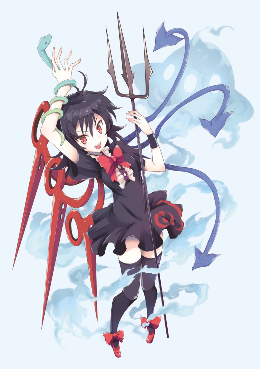 1girl asymmetrical_wings black_dress black_hair black_thighhighs blue_wings bow bowtie buttons center_frills dress footwear_bow frilled_dress frills highres houjuu_nue mary_janes open_mouth polearm red_bow red_bowtie red_eyes red_footwear red_wings shoes short_dress short_hair short_sleeves smile snake solo strange_creators_of_outer_world suichuu_hanabi thighhighs touhou trident weapon wings wristband zettai_ryouiki