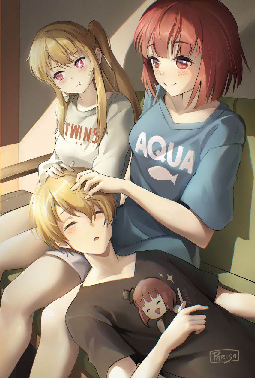 1boy 2girls :o absurdres arima_kana black_shirt blonde_hair blue_shirt blush bob_cut breasts brother_and_sister character_name closed_eyes closed_mouth collarbone commentary commission couch couple hand_in_another's_hair highres hoshino_aquamarine hoshino_ruby indoors inverted_bob lap_pillow long_hair medium_breasts medium_hair mismatched_pupils multiple_girls no_pupils one_eye_closed open_mouth oshi_no_ko parisa_reaz pink_eyes pout red_eyes red_hair shade shirt short_hair short_sleeves shorts siblings sitting smile star-shaped_pupils star_(symbol) symbol-shaped_pupils twins white_shirt white_shorts