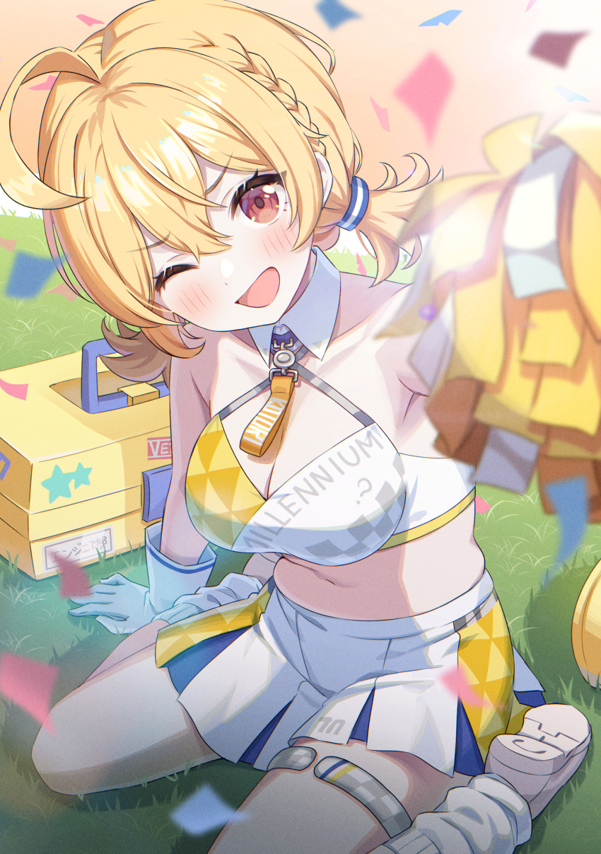 1girl absurdres ahoge blonde_hair blue_archive blush breasts cheerleader cleavage detached_collar grass hair_between_eyes halterneck highres holding holding_pom_poms kotori_(blue_archive) kotori_(cheer_squad)_(blue_archive) large_breasts long_hair loose_socks millennium_cheerleader_outfit_(blue_archive) momomoi_momoi official_alternate_costume one_eye_closed open_mouth pleated_skirt pom_pom_(cheerleading) red_eyes shoes short_twintails sitting skirt smile socks solo thigh_strap twintails wariza white_footwear white_skirt white_socks