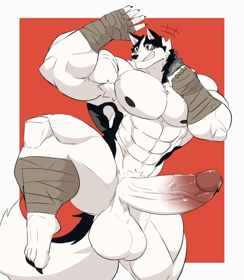 abs anatake anthro balls bandage barefoot biceps big_muscles big_penis bodily_fluids canid canine canis casual_erection casual_nudity domestic_dog erection feet fur genital_fluids genitals hi_res huge_muscles humanoid_feet humanoid_genitalia humanoid_hands humanoid_penis kung_fu male mammal manly martial_artist martial_arts muscular muscular_anthro muscular_male nude pecs penis plantigrade precum quads simple_background solo solo_focus spitz thai_bangkaew vein veiny_penis