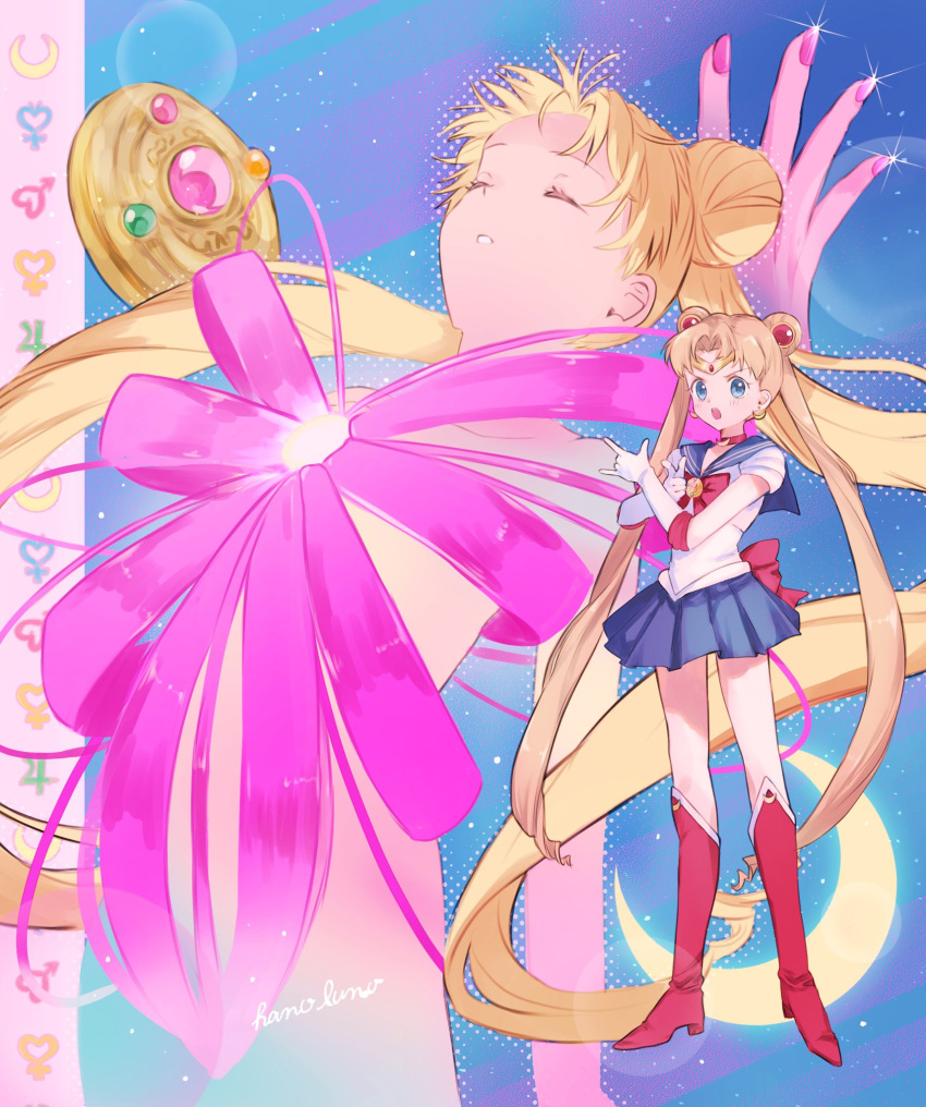 bishoujo_senshi_sailor_moon blue_sailor_collar boots double_bun full_body gloves hair_bun hano_luno heart henshin highres long_hair magical_girl moon red_footwear sailor_collar sailor_moon spread_legs star_(sky) tsukino_usagi white_gloves