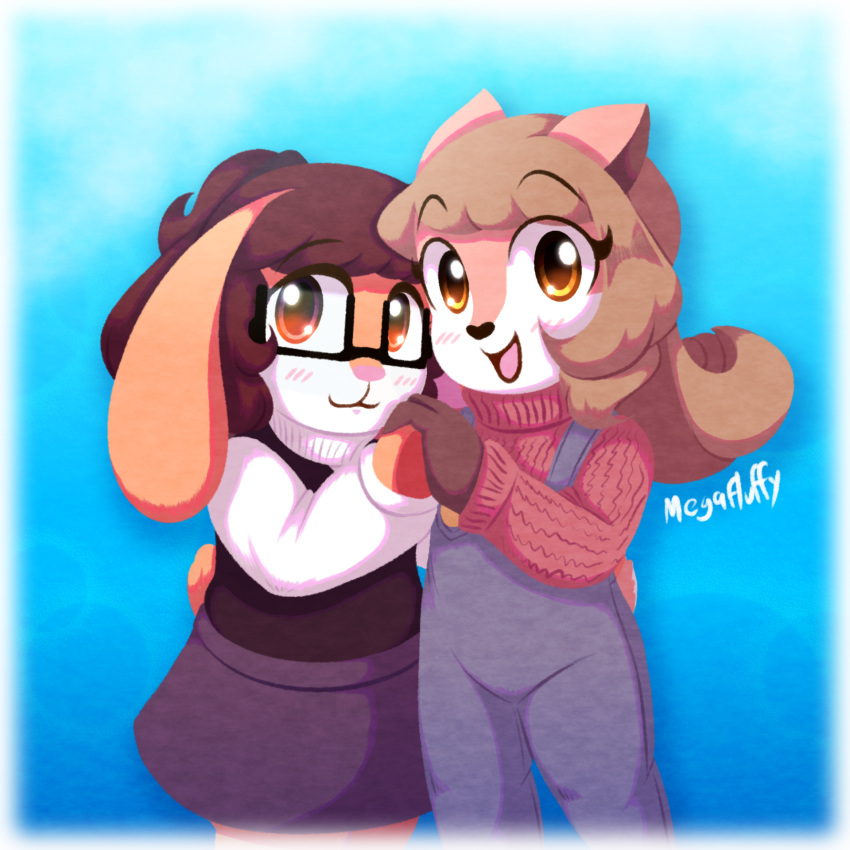 &lt;3 1:1 anthro ashley_(megafluffydrawings) best_friends black_nose blush blush_lines bottomwear brown_hair clothed clothing deer duo embrace eyewear female female/female fully_clothed fur glasses hair heart_nose hi_res hug lagomorph leporid lineless long_hair lopped_ears mammal medium_hair megafluffydrawings orange_eyes overalls pink_nose rabbit short_tail simple_background skirt sophie_(megafluffydrawings) tail tan_body tan_fur thin_eyebrows white_body white_fur yellow_eyes young