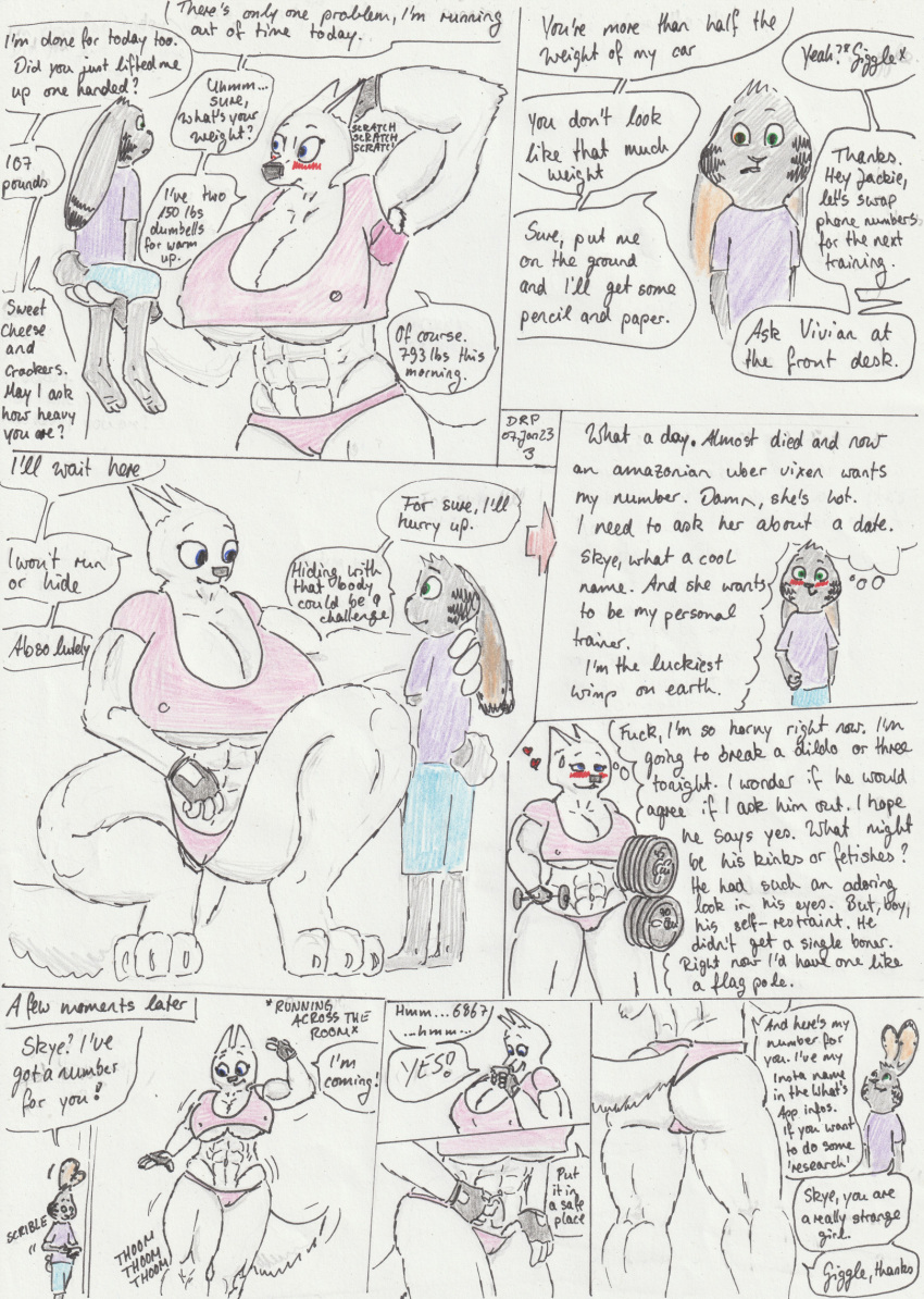 abs anthro arctic_fox big_breasts big_muscles blush bottomwear breasts canid canine clothing comic dialogue dirtyredpaint disney duo electric_fan english_text exercise female fox gym hi_res huge_breasts jack_savage lagomorph leporid male male/female mammal mirror muscular muscular_female nipple_outline pants rabbit shirt size_difference skye_(zootopia) smaller_male speech_bubble text topwear workout_clothing workout_gloves zootopia