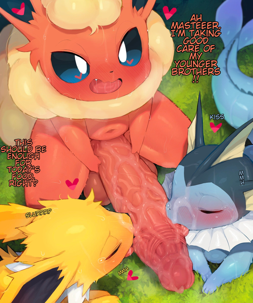 2022 5:6 absurd_res anthro balls big_balls big_penis blush bodily_fluids brother_(lore) brothers_(lore) collaborative collaborative_fellatio collaborative_sex cum cum_on_face digital_media_(artwork) eeveelution english_text exclamation_point fellatio flareon foreskin generation_1_pokemon genital_fluids genitals group hi_res huge_balls huge_penis humanoid_genitalia humanoid_penis hyper hyper_genitalia incest_(lore) jolteon kissing long_penis looking_pleasured male male/male nintendo open_mouth oral penile penis penis_kissing penis_worship pokemon pokemon_(species) question_mark retracted_foreskin sex sibling_(lore) small_but_hung sweat syuro tail tears text thick_penis third-party_edit translated trio vaporeon vein veiny_penis