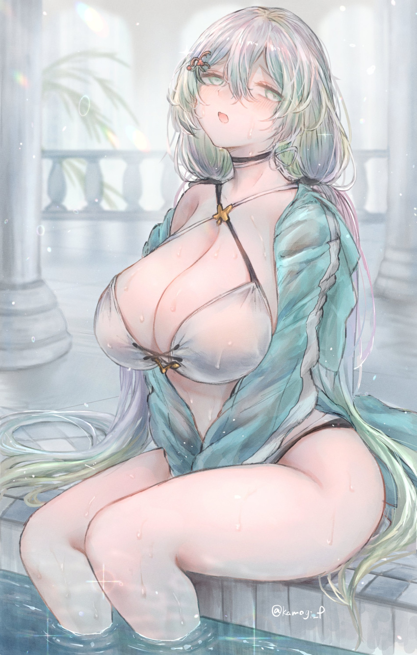 1girl absurdres arms_between_legs bikini blush breasts cleavage cupitan_(granblue_fantasy) cupitan_(summer)_(granblue_fantasy) granblue_fantasy green_eyes hair_ornament half-closed_eyes highres indoors jacket kamogi large_breasts long_hair low_twintails multicolored_hair open_clothes open_jacket open_mouth pool rainbow_hair sitting soaking_feet solo swimsuit twintails very_long_hair water wet wet_hair white_bikini