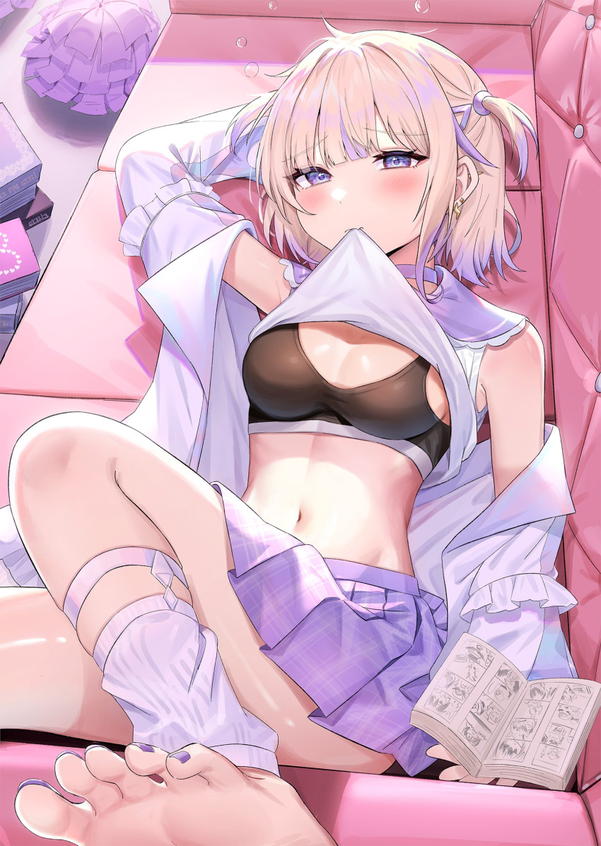 1girl barefoot blonde_hair blush breasts bu_leike choker cleavage clothes_lift collarbone commentary_request couch crop_top earrings feet foot_out_of_frame highres hololive hololive_dev_is jacket jewelry lying manga_(object) medium_breasts midriff miniskirt mouth_hold multicolored_hair multiple_earrings nail_polish navel off_shoulder on_back pom_pom_(cheerleading) purple_eyes purple_hair purple_nails sailor_collar school_uniform serafuku shirt shirt_lift short_hair skirt soles solo sports_bra streaked_hair todoroki_hajime toenail_polish toenails toes two_side_up virtual_youtuber white_choker white_shirt