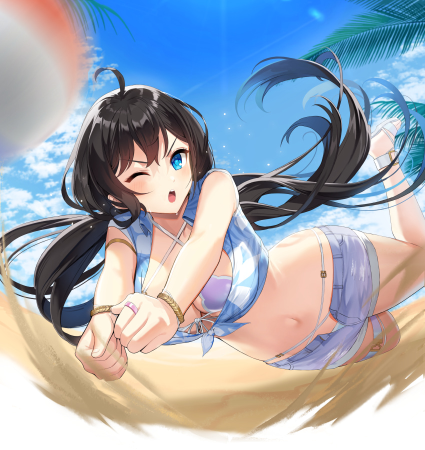 1girl ;o ahoge beach beach_volleyball bikini black_hair blue_eyes blue_shirt blue_sky blush bracelet breasts closers cloud coconut_tree cropped_shirt floating_hair front-tie_bikini_top front-tie_top full_body highres jewelry jumping large_breasts long_hair looking_at_viewer low_twintails navel official_art one_eye_closed open_clothes open_shorts outdoors outstretched_arms palm_tree playing_sports purple_bikini purple_shorts ring sand sandals shirt short_shorts shorts sky sleeveless solo stomach sweat swimsuit teeth thigh_strap tied_shirt tree twintails upper_teeth_only v-shaped_eyebrows volleyball volleyball_(object) white_footwear yuri_seo