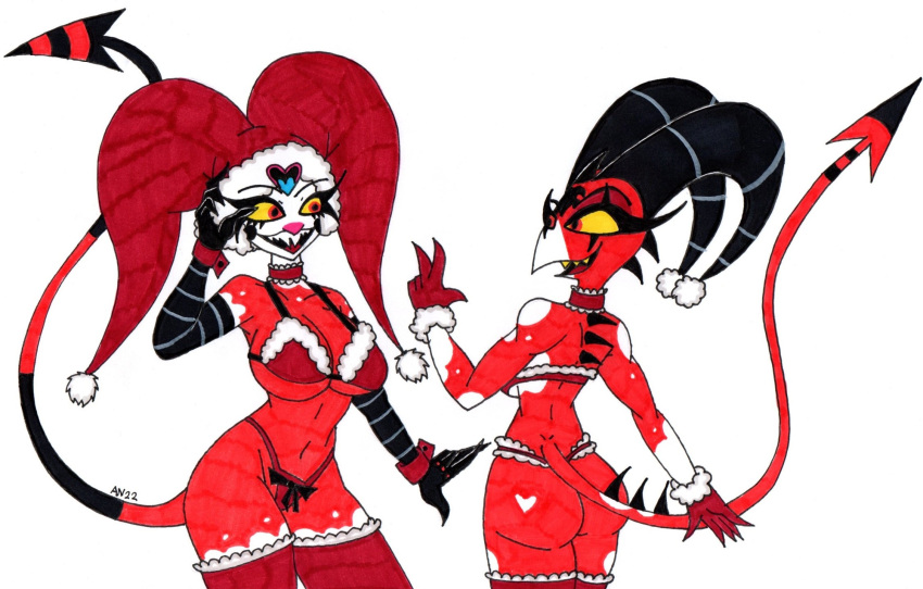 anthro blitzo_(helluva_boss) breasts christmas christmas_clothing claws clothing crossgender demon duo female female/female fizzarolli_(helluva_boss) helluva_boss hi_res holidays horn imp multicolored_body open_mouth open_smile red_body red_eyes simple_background skeleslay smile tail thick_thighs tongue two_tone_body white_background white_body