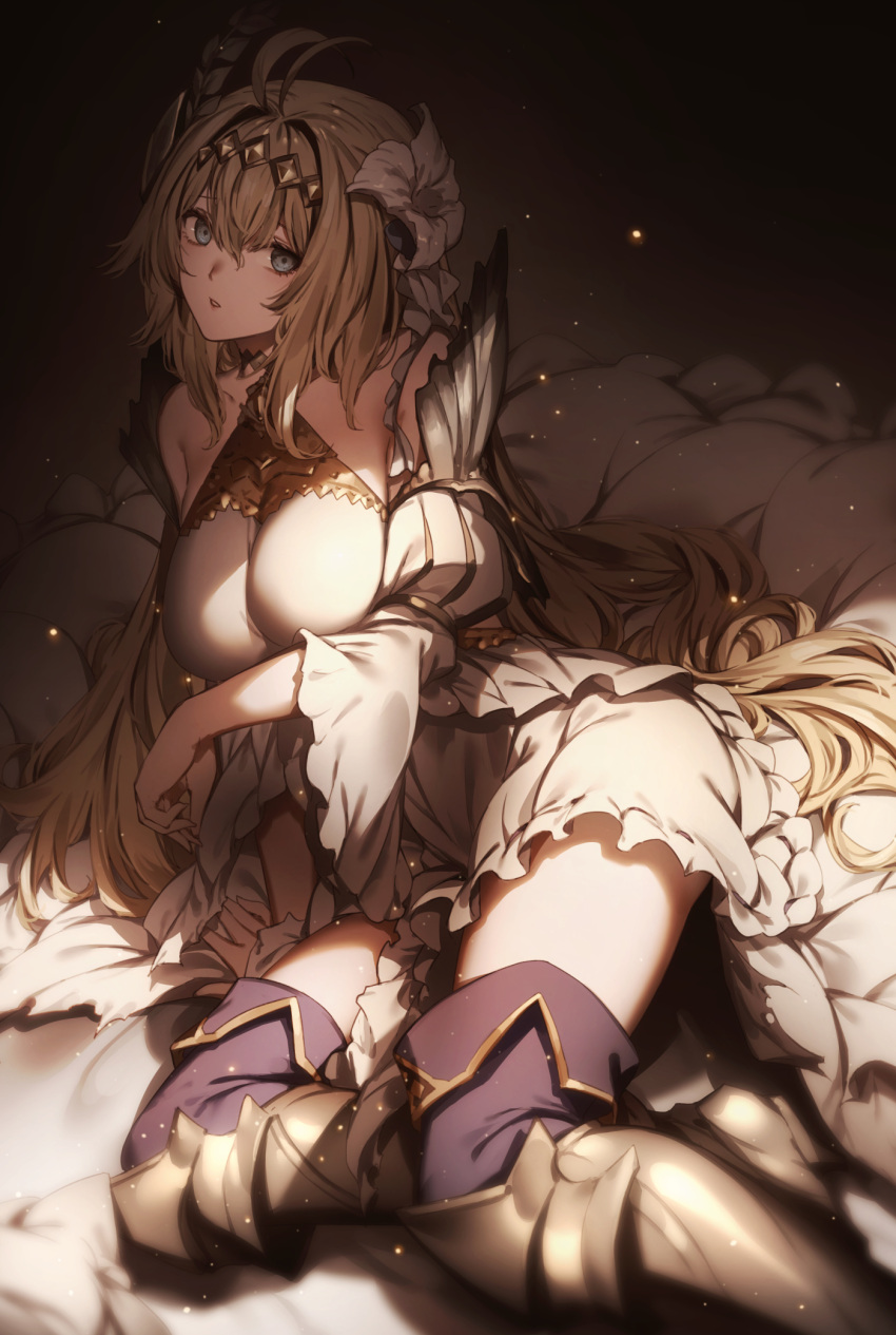 1girl armor armored_dress blonde_hair blue_eyes breasts diadem dress feather_hair_ornament feathers flower genyaky granblue_fantasy hair_flower hair_intakes hair_ornament hairband highres jeanne_d'arc_(granblue_fantasy) large_breasts long_hair looking_at_viewer open_mouth solo thighs white_dress white_flower