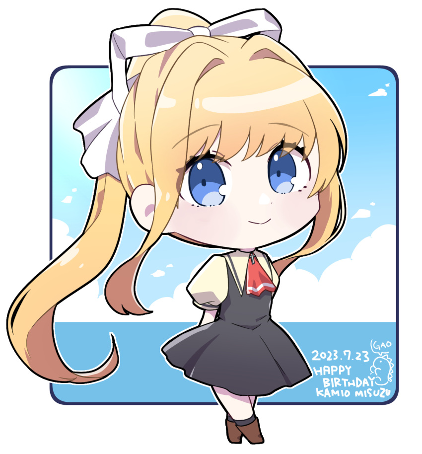 1girl air_(visual_novel) arms_behind_back black_dress blonde_hair blue_eyes blue_sky chibi cloud dated dinosaur dress full_body hachipuyo hair_ribbon happy_birthday highres horizon kamio_misuzu long_hair neckerchief ocean puffy_sleeves red_neckerchief ribbon school_uniform shirt sidelocks sky smile solo very_long_hair white_shirt