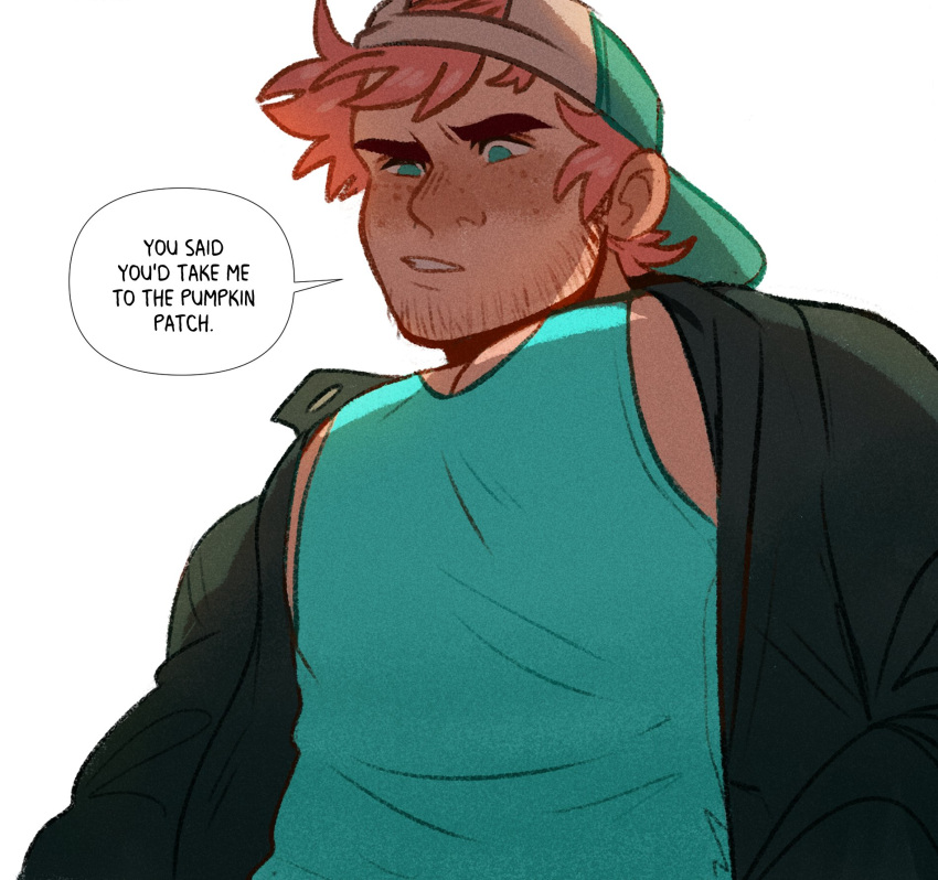 1boy backwards_hat bara baseball_cap beard_stubble blue_tank_top boob_shadow_(meme) english_text freckles from_below frown green_eyes hat highres implied_yaoi jacket male_focus meme open_clothes open_jacket original pectoral_cleavage pectorals pink_hair short_hair sidepec solo speech_bubble tank_top thick_eyebrows upper_body wonderarium