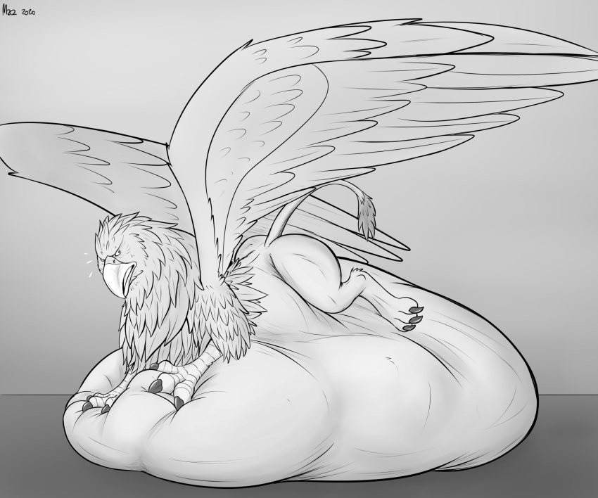 6:5 after_vore ambiguous_gender avian beak feral feral_pred greyscale gryphon hi_res huge_belly monochrome mythological_avian mythology overweight solo thatgryphonguy vore wings