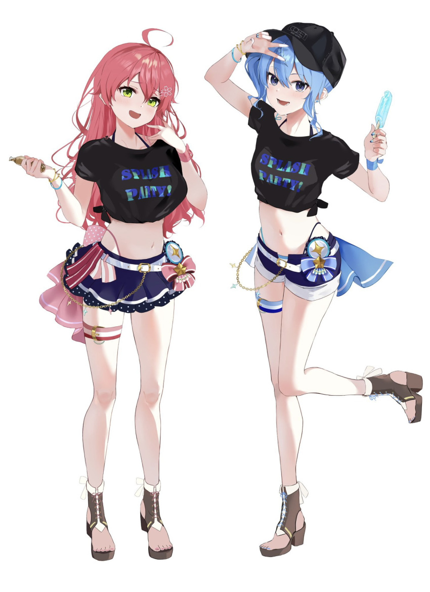 2girls ahoge aya02ka bare_shoulders baseball_cap bikini bikini_skirt bikini_under_clothes black_shorts blue_eyes blue_hair blue_shorts blue_skirt boots bracelet commentary_request food full_body green_eyes hair_between_eyes hair_ornament hairclip hat high_heel_boots high_heels highleg highleg_bikini highres holding holding_food holding_popsicle hololive hololive_summer_2023_swimsuit hoshimachi_suisei jewelry long_hair looking_at_viewer medium_hair midriff multiple_girls navel official_alternate_costume overskirt pink_hair popsicle ribbon sakura_miko shirt shorts simple_background skirt swimsuit t-shirt thigh_strap toeless_footwear virtual_youtuber white_background wrist_ribbon