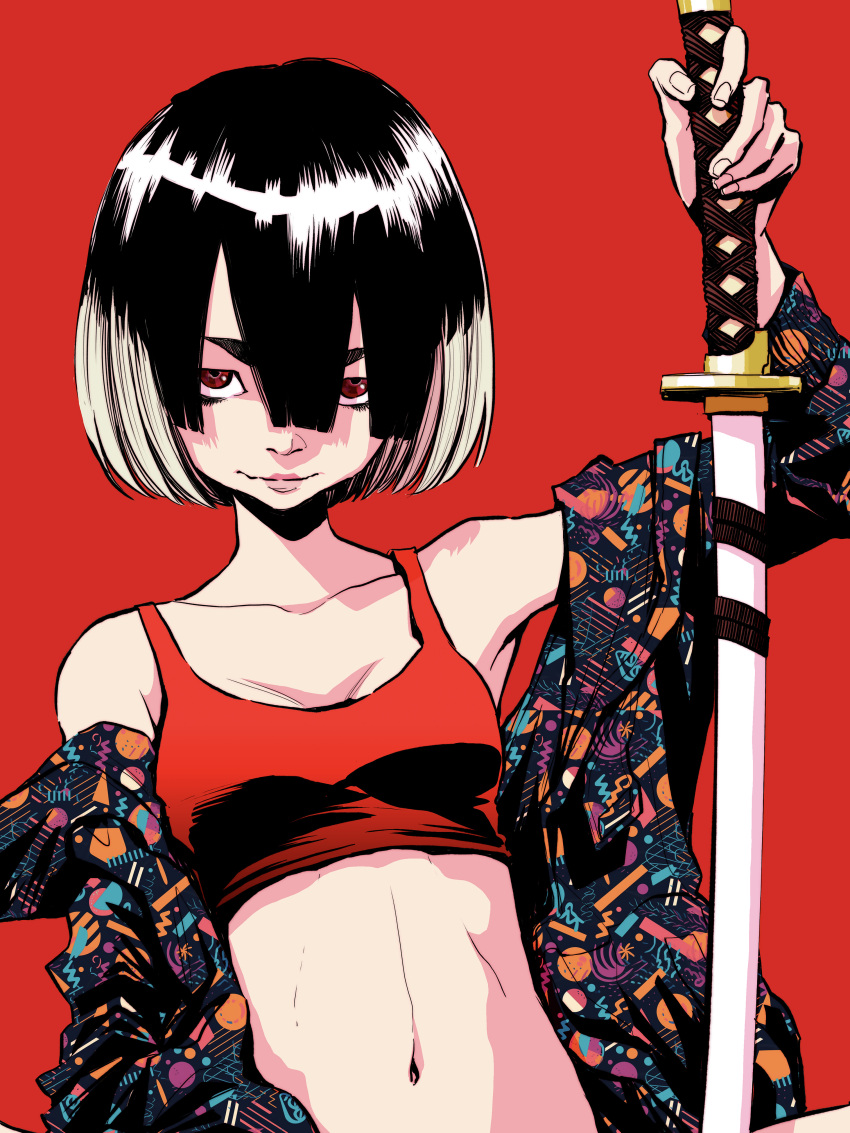 1girl absurdres asano_inio bare_shoulders black_hair bob_cut breasts collarbone colored_tips commentary_request crop_top evil_smile hair_between_eyes highres holding holding_sword holding_weapon jacket katana linea_alba looking_at_viewer medium_hair midriff mujina(mujina_into_the_deep) mujina_into_the_deep multicolored_hair navel off_shoulder red_background red_eyes simple_background small_breasts smile sword thick_eyebrows two-tone_hair upper_body weapon white_hair