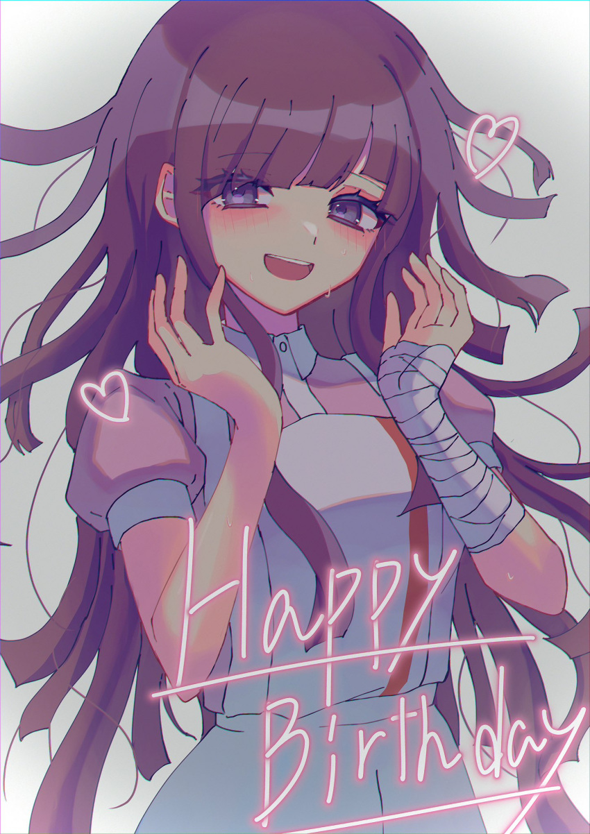 1girl apron bandaged_arm bandages blush breasts brown_hair cowboy_shot danganronpa_(series) danganronpa_2:_goodbye_despair donburi_(minami_don) grey_apron grey_background hands_up happy_birthday heart highres long_hair open_mouth puffy_short_sleeves puffy_sleeves shirt short_sleeves simple_background solo sweatdrop tsumiki_mikan