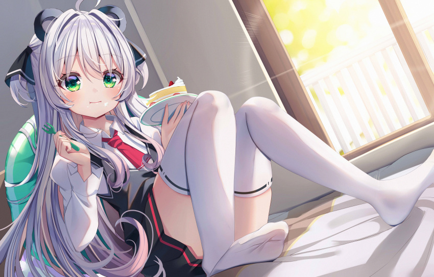 1girl :t absurdres animal_ears bear_ears black_skirt black_vest blush cake cake_slice closed_mouth collared_shirt commentary_request convenient_leg eating food food_on_face fork fruit green_eyes grey_hair hair_between_eyes hair_intakes highres holding holding_fork holding_plate ikazu401 indoors knees_together_feet_apart long_hair no_shoes original pillow plate pleated_skirt shirt skirt soles solo strawberry thighhighs two_side_up very_long_hair vest white_shirt white_thighhighs window