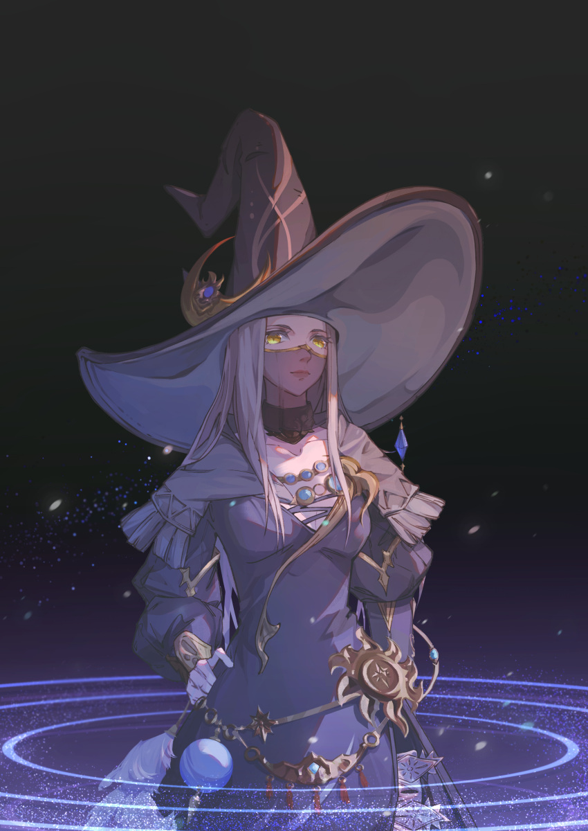 absurdres astrologian_(final_fantasy) black_robe blonde_hair breasts capelet chinese_commentary collarbone commentary constellation covered_face cowboy_shot crescent crescent_hat_ornament cross-laced_clothes final_fantasy final_fantasy_xiv fur_capelet hand_on_own_hip hat hat_ornament highres large_hat lips long_hair long_sleeves looking_at_viewer luciferase medium_breasts miqo'te moon_(ornament) night night_sky orb original pointy_hat puffy_long_sleeves puffy_sleeves robe see-through sky slit_pupils star_(sky) star_ornament straight_hair tassel veil warrior_of_light_(ff14) witch_hat yellow_eyes