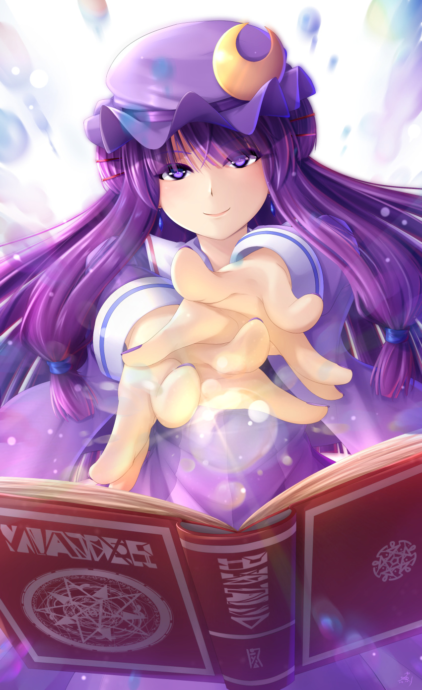 1girl absurdres book floating floating_book floating_object foreshortening hat highres long_hair long_sleeves looking_at_viewer mob_cap open_book patchouli_knowledge purple_eyes purple_hair purple_headwear purple_nails seiya_(iiseven) smile solo spell_card touhou