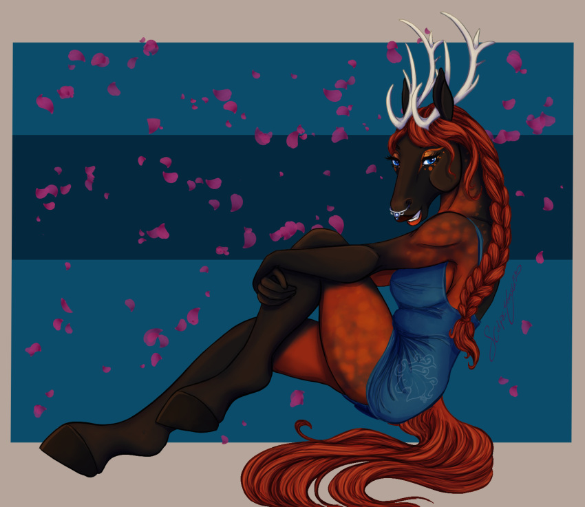 anthro antlers bedroom_eyes blue_eyes braided_hair braided_ponytail clothing dappled_fur dress equid equine facial_piercing female fur hair hi_res horn invalid_tag looking_at_viewer mammal narrowed_eyes nose_piercing nose_ring piercing ponytail raised_leg red_body red_fur red_hair ring_piercing scapeh seductive sitting solo teasing tight_clothing torielle
