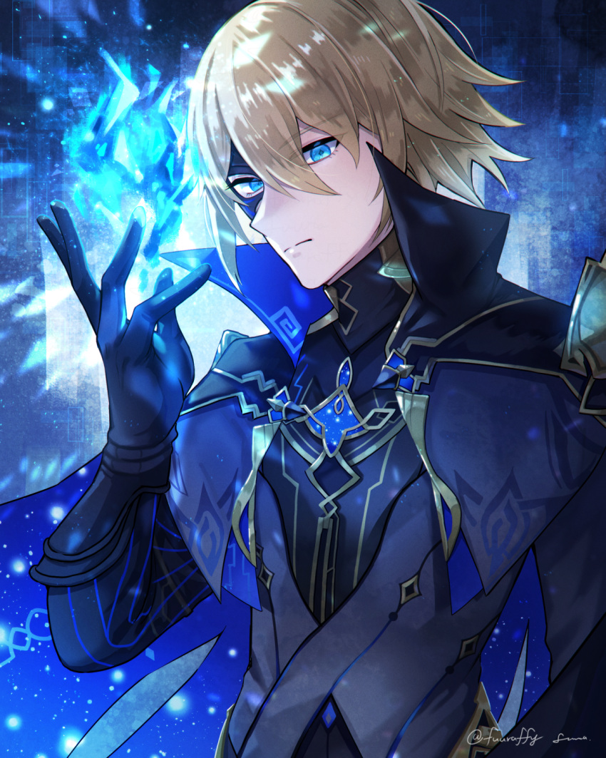 1boy blonde_hair blue_background blue_eyes blue_fire cape closed_mouth dainsleif_(genshin_impact) eyelashes fire frown genshin_impact gloves grey_cape grey_shirt high_collar highres huura0429 male_focus mask pyrokinesis shirt short_hair signature solo upper_body