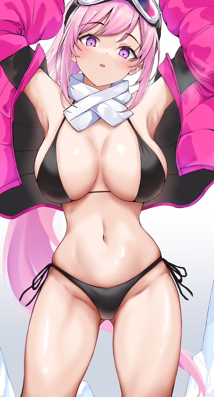 1girl absurdres armpits bikini black_bikini blue_archive blush breasts eimi_(blue_archive) eimi_(swimsuit)_(blue_archive) feet_out_of_frame goggles goggles_on_head groin highres jacket large_breasts lds_(dstwins97) long_hair long_sleeves looking_at_viewer navel official_alternate_costume open_clothes open_jacket open_mouth pink_eyes pink_hair pink_jacket ponytail solo swimsuit very_long_hair