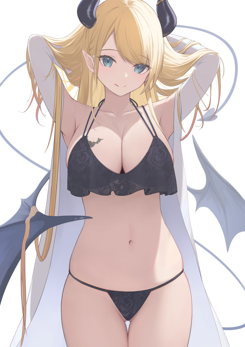 1girl :q absurdres arms_up ass_visible_through_thighs bat_tattoo black_bra black_horns black_panties black_wings blonde_hair blue_eyes bra breast_tattoo breasts cleavage coat cowboy_shot demon_girl demon_tail halterneck heart heart_tattoo highres hololive horns lab_coat large_breasts long_hair looking_at_viewer low_wings navel open_clothes open_coat panties pointy_ears simple_background stomach tail tataki_worker tattoo thigh_gap thighs tongue tongue_out underwear very_long_hair virtual_youtuber white_background white_coat wings yuzuki_choco