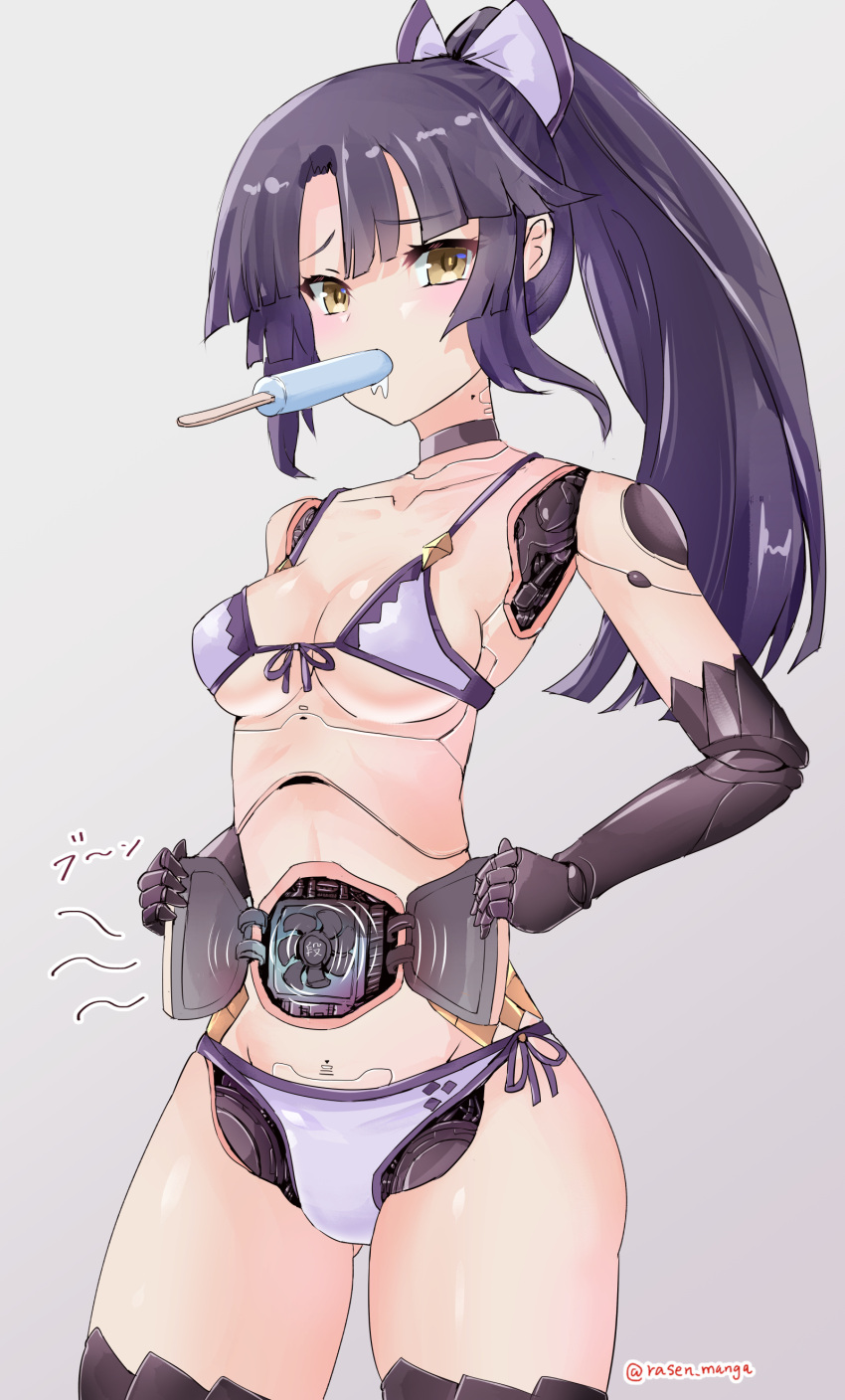 1girl absurdres android bikini black_hair breasts computer_fan fate/grand_order fate_(series) food food_in_mouth highres katou_danzou_(fate) katou_danzou_(midsummer_memories)_(fate) long_hair mechanical_parts ponytail popsicle popsicle_in_mouth rasen_manga swimsuit twitter_username yellow_eyes
