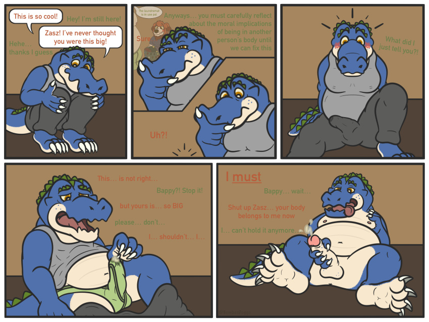 4_toes accident accidental alligator alligatorid anthro bappy_(bembosdoggo) bembosdoggo blue_body bodily_fluids claws clothed clothing comic crocodilian crocodylid dialogue dripping duo english_text erection erection_under_bottomwear erection_under_clothing feet genital_fluids genitals green_body green_scales hi_res inner_monologue leaking_precum leaking_through_clothing male male/male masturbation moob_grab moobs musclegut open_mouth penis possession precum precum_drip reptile scales scalie shocked simple_background sitting slightly_chubby speech_bubble spirit takeover text toes tongue touching_penis transformation underwear undressing unwanted_erection white_body white_feet yellow_eyes zaszthecroc