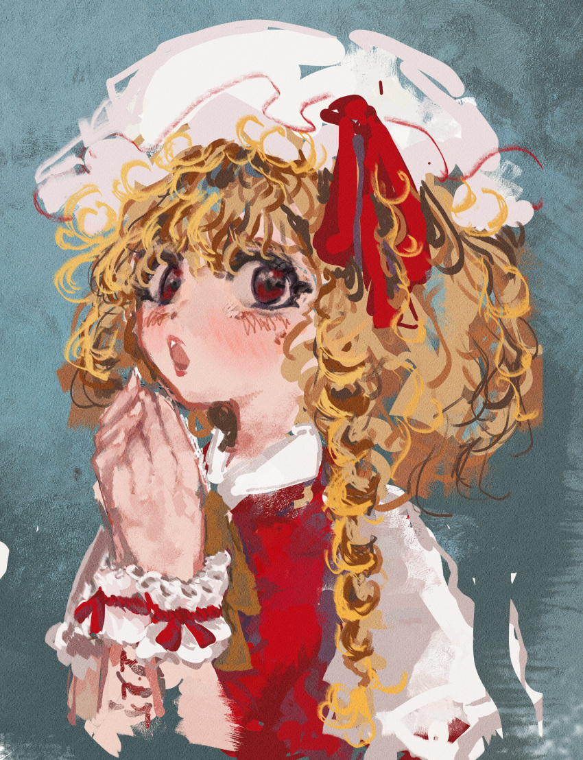 1girl absurdres ascot blue_background brown_ascot catogom commentary flandre_scarlet gradient_background hat highres light_brown_hair looking_at_viewer medium_hair open_mouth own_hands_together red_eyes red_ribbon ribbon scrunchie short_sleeves solo touhou upper_body white_headwear wrist_scrunchie