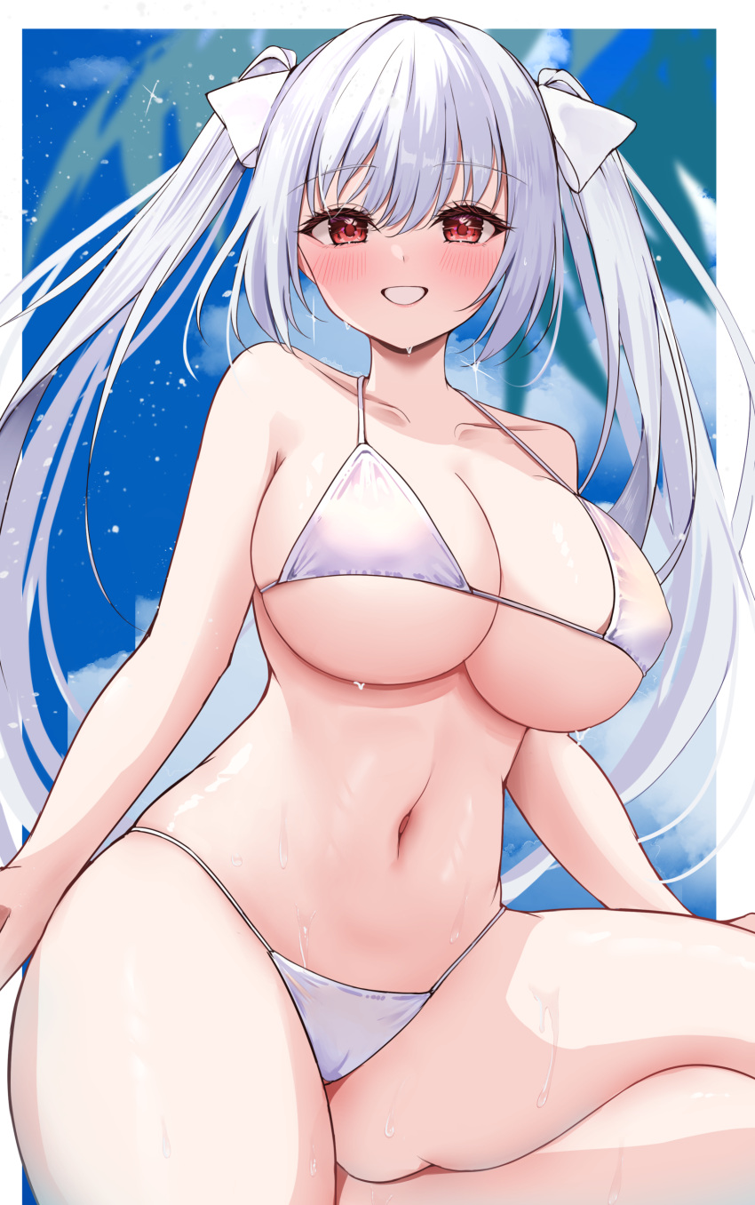 1girl absurdres balut_(7676i) bare_arms bikini blue_sky blush breasts cameltoe cleavage collarbone commentary_request commission grin hair_ribbon highres large_breasts long_hair looking_at_viewer navel original outdoors red_eyes ribbon skeb_commission sky smile solo stomach swimsuit teeth twintails underboob wet white_bikini white_hair