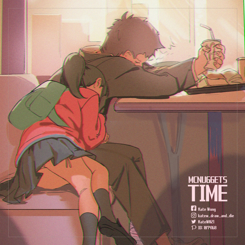 1boy 1girl black_footwear black_socks blue_skirt boyfriend_(yoru_mac) brown_hair couple cup drinking_straw facebook_username girlfriend_(yoru_mac) hetero highres holding holding_cup implied_handjob instagram_username jacket kate_wong mcdonald's pixiv_id red_jacket school_uniform short_hair sitting skirt socks twitter_username yoru_mac