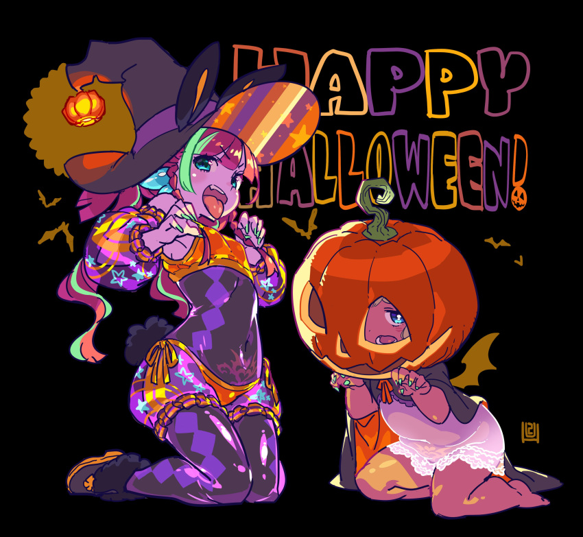 2girls absurdres animal_ears anko_(himukai_yuuji) bat_wings black_background blue_eyes blunt_bangs breasts detached_sleeves fins halloween halloween_costume happy_halloween hat head_fins highres himukai_yuuji jack-o'-lantern lantern long_hair mae_(himukai_yuuji) multiple_girls original pumpkin rabbit_ears simple_background small_breasts tongue tongue_out wings witch_hat