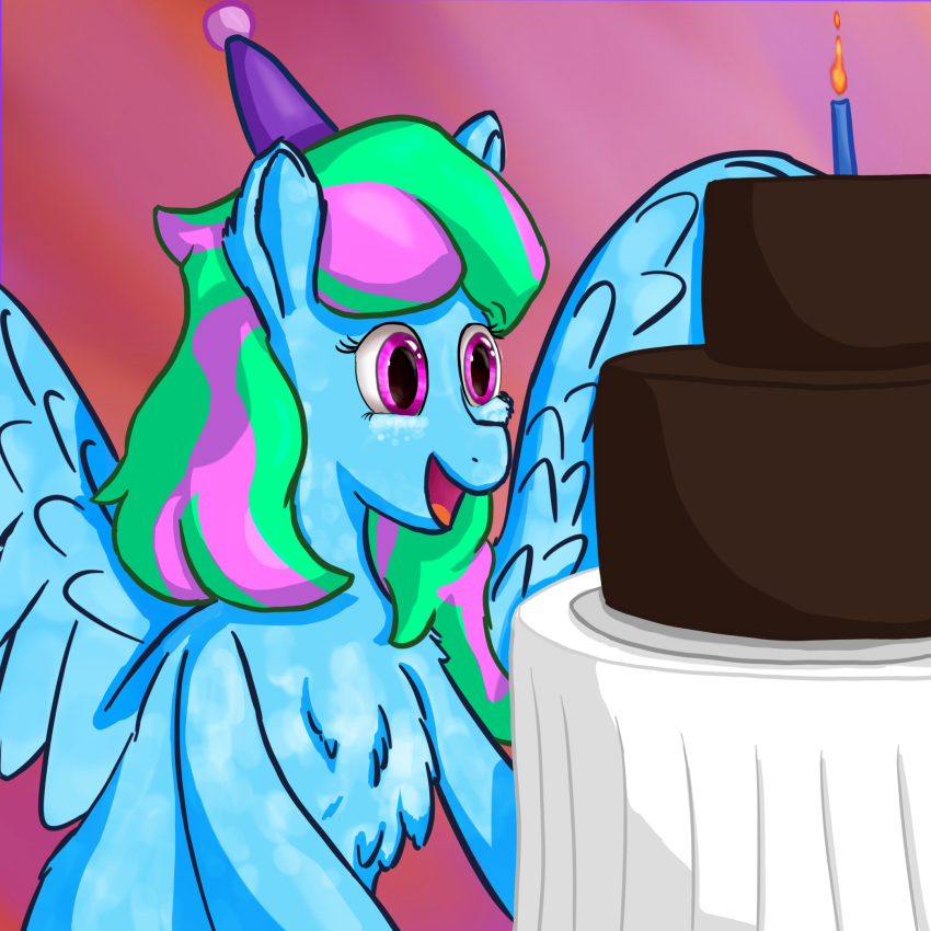 birthday_cake cake callichrome clothing dessert equid equine excited female feral food hasbro hat headgear headwear hi_res horse mammal my_little_pony open_mouth party_hat pegasus pony smile solo spread_wings wings