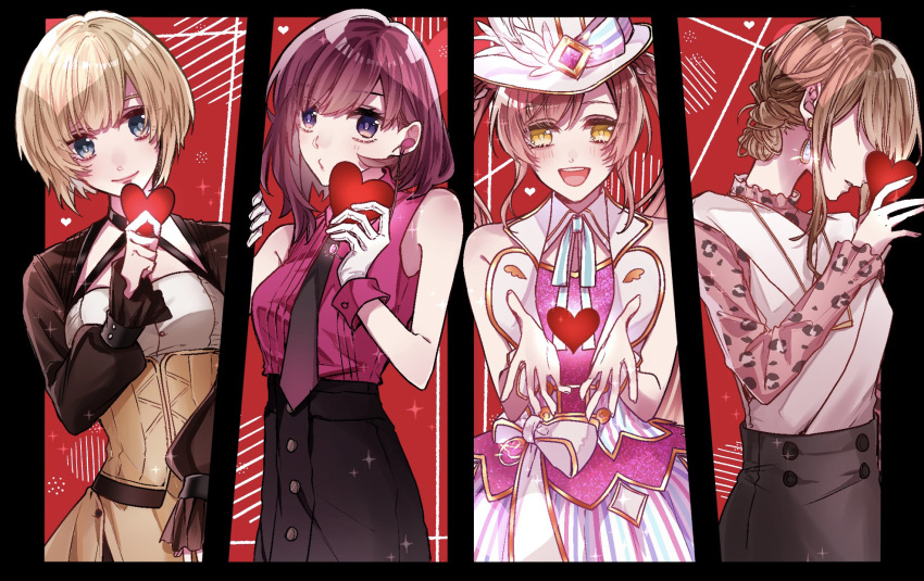 4girls aiaiharuharu amasawa_akari black_border blonde_hair blue_eyes border brown_hair ceres_(shuuen_no_virche) character_request charade_maniacs copyright_request dress heart highres jacket looking_at_viewer multiple_girls orange_eyes purple_eyes red_background red_hair sena_hiyori shirt short_hair shuuen_no_virche skirt sympathykiss twintails