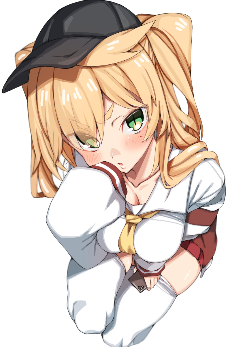 1girl baseball_cap blonde_hair blush breasts cellphone cleavage collarbone commentary_request from_above green_eyes hat highres holding holding_phone kz_oji long_hair looking_at_viewer medium_breasts mole mole_under_eye neckerchief original phone school_uniform serafuku shirt simple_background sitting skindentation skirt sleeves_past_fingers sleeves_past_wrists slit_pupils smartphone solo thighhighs white_background white_shirt white_thighhighs yellow_neckerchief