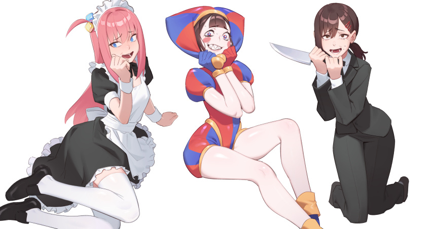 3girls apron bare_legs black_dress black_footwear black_jacket black_pants blue_eyes blue_gloves blunt_bangs blush blush_stickers bocchi_the_rock! brown_eyes brown_hair chainsaw_man clown collared_shirt commentary dnaitari dress feet_out_of_frame frilled_apron frills gloves gotoh_hitori hair_ornament hairclip hands_up hat hat_bell higashiyama_kobeni highres holding holding_knife jacket jester_cap jester_costume kneeling knife legs long_hair long_sleeves lower_teeth_only lying maid maid_headdress mole mole_under_eye mole_under_mouth multicolored_clothes multicolored_headwear multiple_girls on_side open_mouth pants parted_bangs pink_hair pomni_(the_amazing_digital_circus) puffy_short_sleeves puffy_sleeves red_gloves sharp_teeth shirt short_dress short_sleeves sidelocks simple_background sitting striped_clothes striped_headwear suit teeth the_amazing_digital_circus thighhighs trait_connection two-tone_eyes vertical-striped_bodysuit vertical-striped_clothes vertical-striped_headwear white_apron white_background white_thighhighs worried yokozuwari zettai_ryouiki
