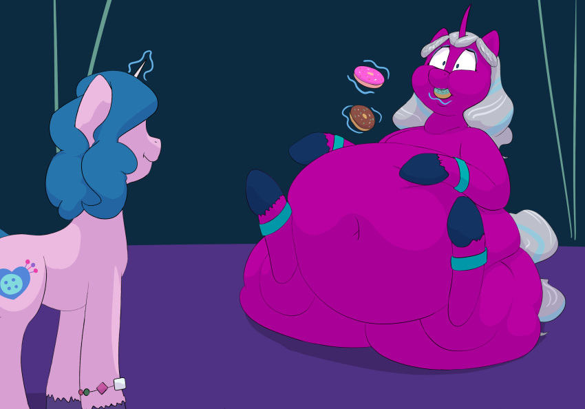 absurd_res belly big_belly blue_eyeshadow blue_hair bracelet chubby_cheeks cutie_mark dessert digital_media_(artwork) doughnut equid equine eyeshadow female feral fetlocks food force_feeding forced fur grey_hair grey_tail hair hasbro hi_res hooves horn huge_belly hyper hyper_belly izzy_moonbow_(mlp) jewelry lupin-quill magic makeup mammal mlp_g5 morbidly_obese morbidly_obese_female morbidly_obese_feral my_little_pony navel obese obese_female obese_feral opaline_(mlp) overweight overweight_female overweight_feral purple_body purple_fur telekinesis thick_thighs unicorn