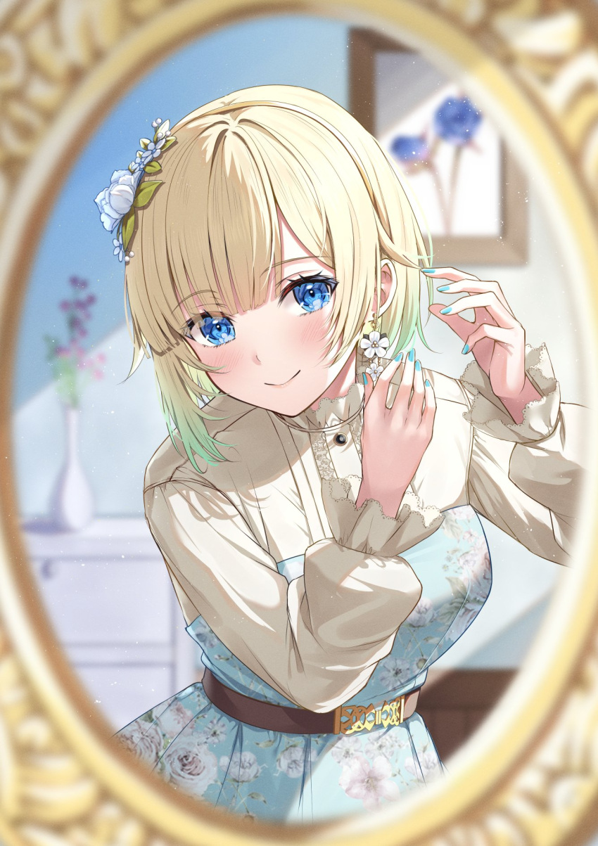 1girl aizawa_ema belt blonde_hair blue_eyes blue_flower blue_nails blunt_bangs blush breasts brown_belt center_frills collar earrings flower flower_earrings frilled_collar frilled_sleeves frills gradient_hair hair_flaps hair_flower hair_ornament highres jewelry large_breasts leaning_forward looking_at_viewer mirror multicolored_hair picture_frame primamiya purple_flower reflection short_hair smile solo vase virtual_youtuber vspo! white_flower