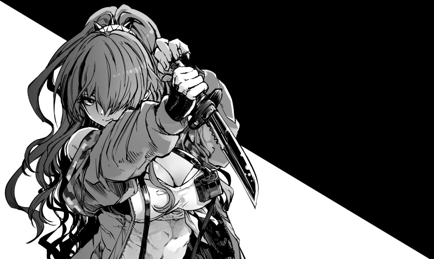 1girl absurdres arms_up breasts cleavage fingerless_gloves gloves greyscale hair_over_one_eye highres holding holding_knife jacket knife lain_paterson large_breasts long_hair long_sleeves monochrome nijisanji open_clothes open_jacket ponytail sakayama_shinta shirt simple_background solo upper_body virtual_youtuber