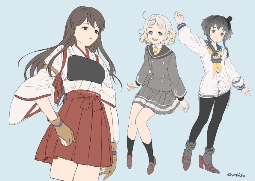 3girls akagi_(kancolle) anchor_symbol black_hair black_pantyhose black_socks blue_background blue_eyes blue_sailor_collar brown_eyes brown_gloves brown_hair collared_shirt commentary_request cowboy_shot dress full_body gloves grey_jacket grey_sailor_collar grey_skirt hakama hakama_short_skirt hakama_skirt hat highres jacket japanese_clothes kantai_collection kokko_(014kko) loafers long_hair mini_hat multiple_girls muneate natsugumo_(kancolle) neckerchief necktie nontraditional_miko orange_necktie pantyhose partially_fingerless_gloves pleated_skirt red_footwear red_hakama red_skirt rudder_footwear sailor_collar sailor_dress shirt shoes short_hair short_hair_with_long_locks sidelocks simple_background skirt smokestack_hair_ornament socks tasuki tokitsukaze_(kancolle) white_hair yellow_neckerchief yugake