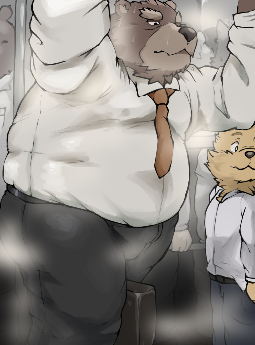 absurd_res anthro bear black_nose blem-bop bodily_fluids bottomwear brown_body canid canin canine canis clothed clothing domestic_dog duo fur hi_res kemono male male/male mammal musk musk_clouds overweight overweight_male pants public shirt size_difference subway sweat sweatdrop topwear