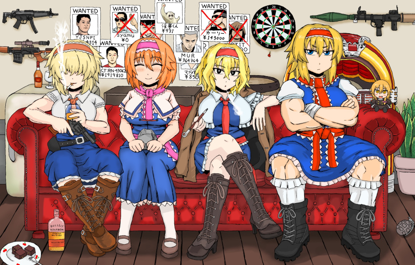 114514 4girls alcohol alice_margatroid barrel black_eyes black_footwear blonde_hair blue_dress blue_eyes blush boots breasts brown_footwear brownie_(food) capelet character_doll cigarette closed_eyes closed_mouth collared_capelet commentary_request cookie_(touhou) couch cross-laced_footwear crossed_arms crossed_legs cup dart dartboard dress explosive frilled_dress frilled_hairband frilled_necktie frilled_sash frilled_socks frills frown full_body fumo_(doll) grenade gun h&amp;k_mp5 hair_between_eyes hair_over_eyes hairband hide_(acceed) highres hinase_(cookie) holding holding_cup holding_gun holding_rock holding_smoking_pipe holding_weapon indoors inmu-kun jigen_(cookie) jukebox kansai_claimer_(inmu) kirisame_marisa kiseru large_breasts liquor long_bangs looking_at_viewer manatsu_no_yo_no_inmu medium_hair miura_daisenpai multiple_girls muscular muscular_female necktie open_mouth pink_hairband pink_necktie pink_sash plant plate poster_(object) potted_plant puffy_short_sleeves puffy_sleeves red_hairband red_necktie red_sash rei_(cookie) revolver rifle rocket_launcher rpg rpg-7 sakuranbou_(cookie) sash short_sleeves sitting smile smoking smoking_pipe sniper_rifle socks submachine_gun syamu_game taisa_(cookie) takuya_(acceed) touhou tsurime_suki vss_vintorez wanted weapon white_capelet white_socks wooden_floor yajuu_senpai