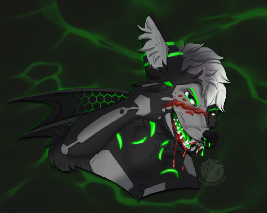 anthro back_wings bat black_hair blood blood_on_mouth bodily_fluids cheek_tuft cybernetic_arm cybernetic_limb cybernetic_wing cybernetics cyborg facial_tuft fangs fur glowing glowing_markings green_background green_markings grey_body grey_fur grin hair half-closed_eyes hi_res inner_ear_fluff luckfoxo33 machine male mammal markings membrane_(anatomy) membranous_wings narrowed_eyes open_mouth open_smile simple_background smile solo teeth tuft white_hair wings