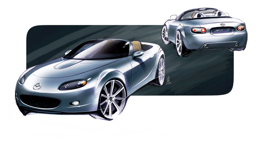 car concept_art convertible mazda mazda_mx-5 mazda_mx-5_nc motor_vehicle multiple_views nakamuta_yasushi no_humans official_art original sports_car vehicle_focus wheel