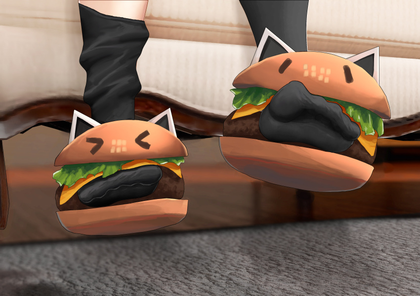 1girl absurdres andy2465 black_socks burger commentary feet feet_only food foot_focus highres hololive loose_socks mixed-language_commentary out_of_frame photo_background shadow shirakami_fubuki sitting slippers socks solo toes