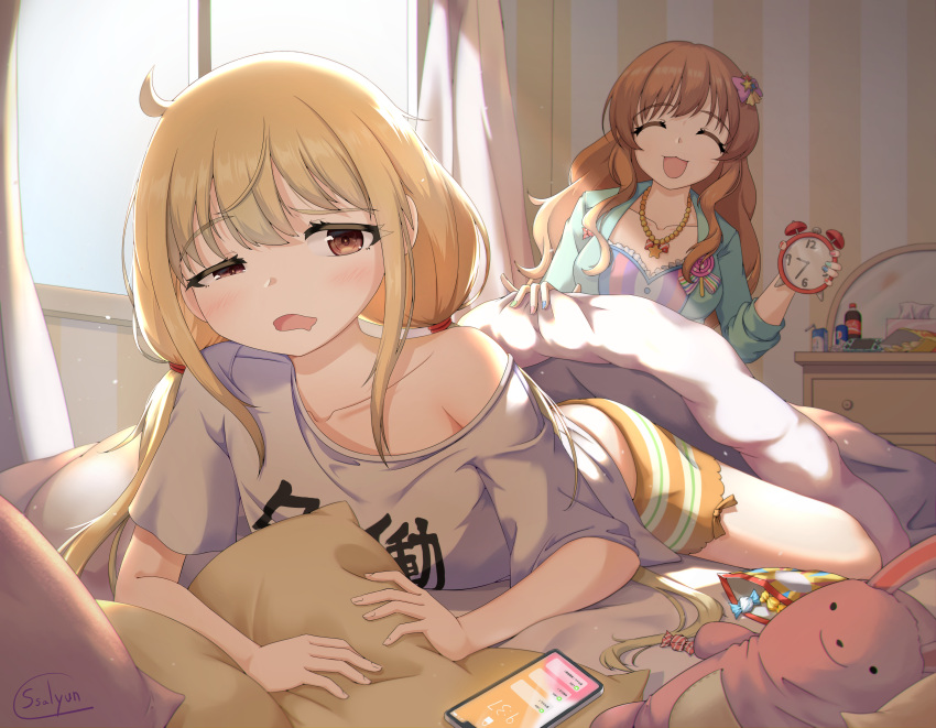 2girls absurdres alarm_clock bed bed_sheet bedroom blanket blonde_hair blue_jacket brown_eyes candy cellphone clock closed_eyes collarbone curtains food futaba_anzu highres holding_alarm_clock idolmaster idolmaster_cinderella_girls indoors jacket low_twintails lying mirror moroboshi_kirari multiple_girls on_bed on_stomach open_mouth phone pillow shirt shorts signature single_bare_shoulder smartphone ssalyun striped striped_shorts stuffed_animal stuffed_rabbit stuffed_toy t-shirt twintails white_shirt window